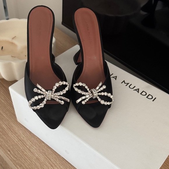 Amina Muaddi Shoes - Amina Muaddi Black Heels with Crystal Bow